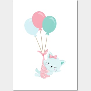 Cute Cat, Baby Cat, Blue Cat, Kitty, Balloons Posters and Art